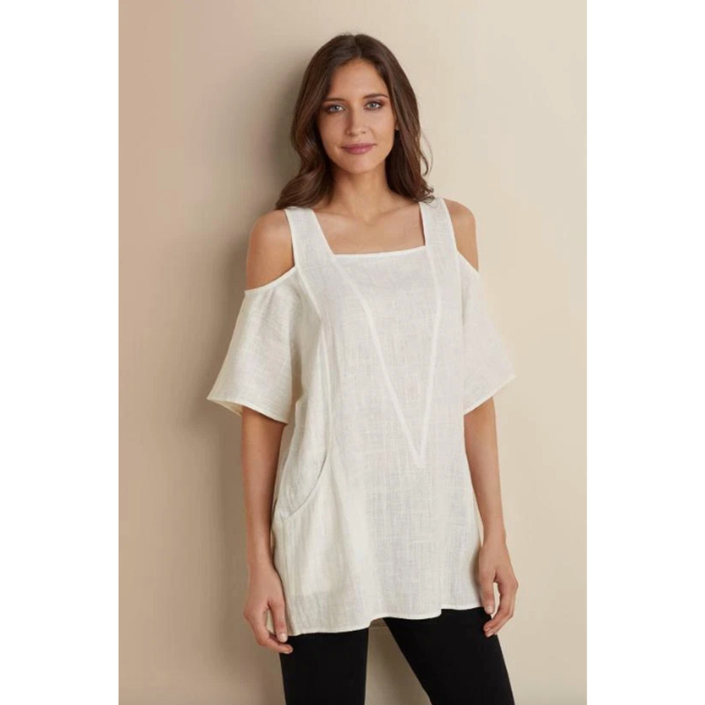 Soft Surroundings Sunset Tunic Gauze Linen Off White Womens‎ Small Cold Shoulder
